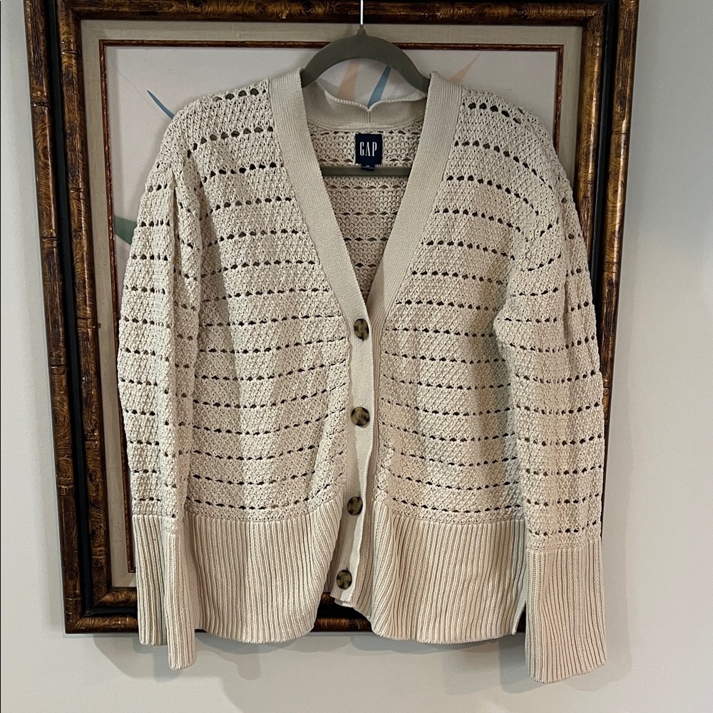 Cream Crochet Knit Cardigan Size M | Chunky Button Front | Neutral Capsule Sweat